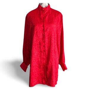 Vintage Red Vamp Jacquard Satin Blouse Mandarin Collar Button Up Shirt
